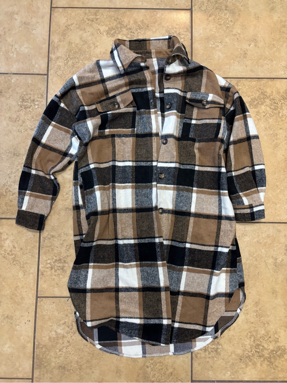 Women’s Longline Plaid Flannel Shirt Jacket - Brown/Black/White